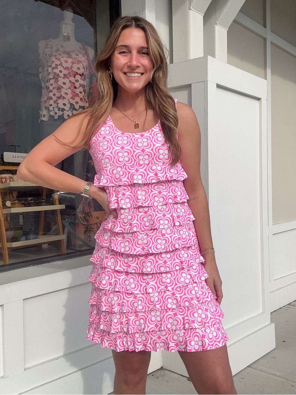Lulu-B Daisy Cha Cha Dress pink white large ruffles tiered resort wear women’s